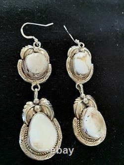 Navajo White Buffalo Turquoise Sterling Silver Dangle Earrings Set 2.50 01664