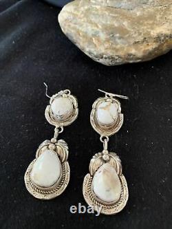 Navajo White Buffalo Turquoise Sterling Silver Dangle Earrings Set 2.50 01664