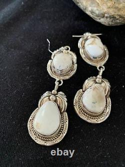 Navajo White Buffalo Turquoise Sterling Silver Dangle Earrings Set 2.50 01664