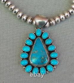 New Navajo Handmade Sterling Silver Saucer Bead Turquoise Pendant Necklace
