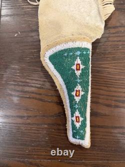 New Rare Native American Beaded Leather Holster, From Oklahoma Signed Hand Bead