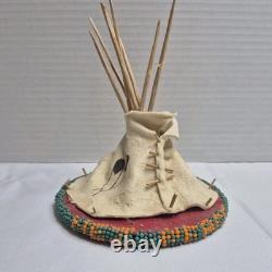 Nez Perce Native American Seed Beaded Hide Tipi Teepee Model & Rosette Feathers