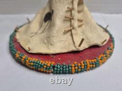 Nez Perce Native American Seed Beaded Hide Tipi Teepee Model & Rosette Feathers