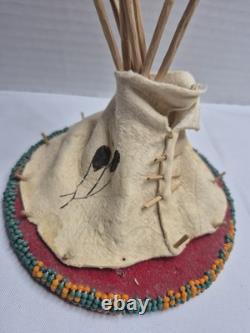Nez Perce Native American Seed Beaded Hide Tipi Teepee Model & Rosette Feathers