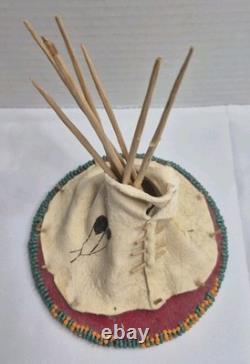 Nez Perce Native American Seed Beaded Hide Tipi Teepee Model & Rosette Feathers