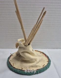 Nez Perce Native American Seed Beaded Hide Tipi Teepee Model & Rosette Feathers