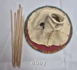 Nez Perce Native American Seed Beaded Hide Tipi Teepee Model & Rosette Feathers