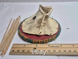 Nez Perce Native American Seed Beaded Hide Tipi Teepee Model & Rosette Feathers