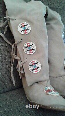 Nice Vintage Native American Beaded Childs Knee High Moccasins