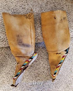 OLD Native American Apache Beaded High Top Leather Moccasins 30 HIGH UNFOLDED