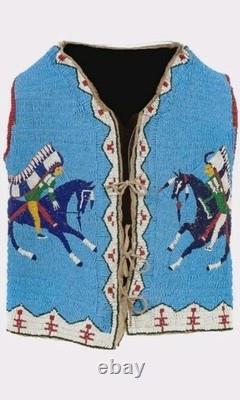 Old American Sioux Style Fully Beaded Front Leather Hide Powwow Vest