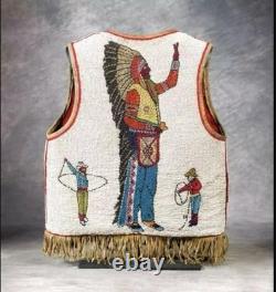 Old American Sioux Style Fully Beaded Front Leather Hide Powwow Vest