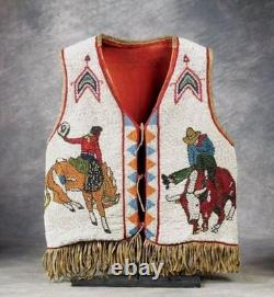 Old American Sioux Style Fully Beaded Front Leather Hide Powwow Vest