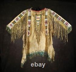 Old American Style Handmade Dakota Beaded Buckskin Hide Powwow War Shirt PWP143