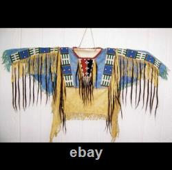 Old American Style Handmade Dakota Beaded Buckskin Hide Powwow War Shirt PWP170