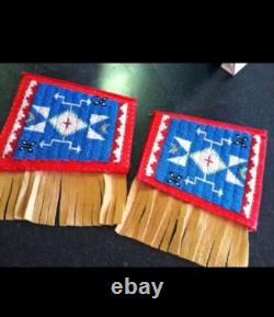 Old American Style Handmade Sioux Beaded Cuffs Leather Fringes FHC11
