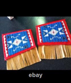 Old American Style Handmade Sioux Beaded Cuffs Leather Fringes FHC11