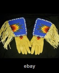 Old American Style Handmade Sioux Beaded Leather Gauntlet Gloves GV94