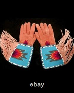 Old American Style Handmade Sioux Beaded Leather Gauntlet Gloves GV99