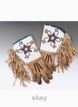 Old American Style Handmade Sioux Flora Beaded Leather Gauntlet Gloves G5