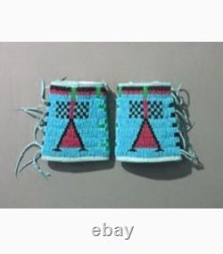 Old American Style Handmade Sioux Horse Beaded Cuffs Leather Fringes FHC22