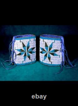 Old American Style Handmade Sioux Horse Beaded Cuffs Leather Fringes FHC24