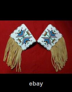 Old American Style Handmade Sioux Horse Beaded Cuffs Leather Fringes FHC25