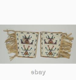 Old American Style Handmade Sioux Horse Beaded Cuffs Leather Fringes FHC27
