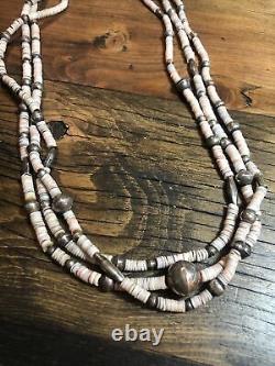 Old Heavy Long Navajo Stamped Silver Beads, 3 Strand 31 Heishi Necklace 925