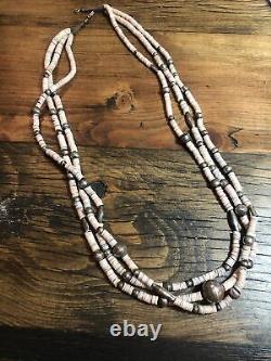 Old Heavy Long Navajo Stamped Silver Beads, 3 Strand 31 Heishi Necklace 925