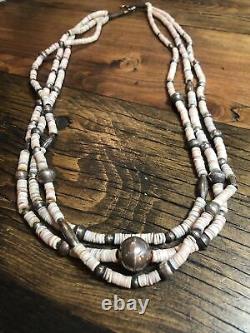 Old Heavy Long Navajo Stamped Silver Beads, 3 Strand 31 Heishi Necklace 925