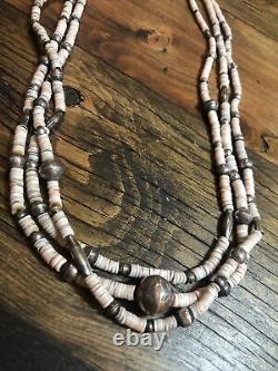Old Heavy Long Navajo Stamped Silver Beads, 3 Strand 31 Heishi Necklace 925