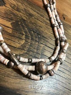 Old Heavy Long Navajo Stamped Silver Beads, 3 Strand 31 Heishi Necklace 925