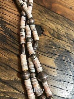 Old Heavy Long Navajo Stamped Silver Beads, 3 Strand 31 Heishi Necklace 925