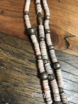 Old Heavy Long Navajo Stamped Silver Beads, 3 Strand 31 Heishi Necklace 925