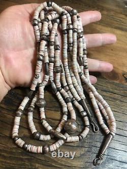 Old Heavy Long Navajo Stamped Silver Beads, 3 Strand 31 Heishi Necklace 925