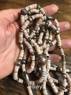 Old Heavy Long Navajo Stamped Silver Beads, 3 Strand 31 Heishi Necklace 925