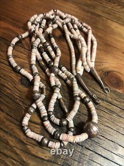 Old Heavy Long Navajo Stamped Silver Beads, 3 Strand 31 Heishi Necklace 925