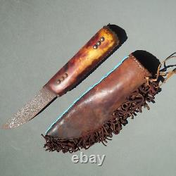 Old Native American Beaded Sheath & Leather Covered Handle Trade Knife Arrowhead