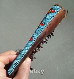 Old Native American Beaded Sheath & Leather Covered Handle Trade Knife Arrowhead