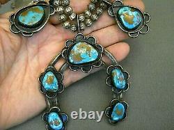 Old Native American Turquoise Sterling Silver Squash Blossom Naja Bead Necklace