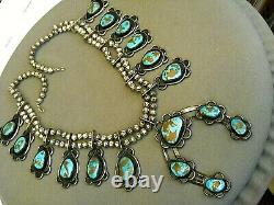 Old Native American Turquoise Sterling Silver Squash Blossom Naja Bead Necklace
