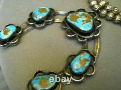 Old Native American Turquoise Sterling Silver Squash Blossom Naja Bead Necklace