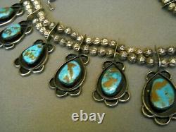 Old Native American Turquoise Sterling Silver Squash Blossom Naja Bead Necklace