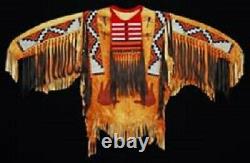 Old Native Style Beaded Fringe Tan Buckskin Suede Leather Powwow War Shirt SX178