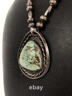 Old Navajo Pearl Necklace Fox Chain Sterling Silver 925 Green Turquoise Pendant