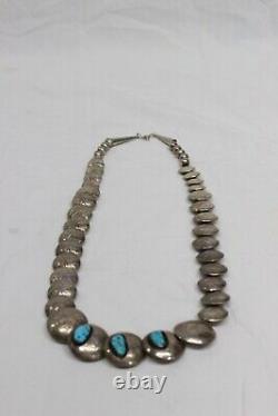 Old Navajo Stamped Pillow Bead Puffy Concho Sterling Silver Turquoise Necklace