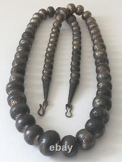 Old Pawn Bench Stamped Navajo Pearls Graduated Sterling Silver Bead Necklace 74g