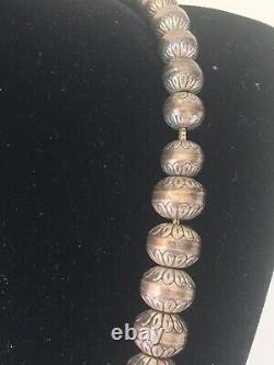 Old Pawn Bench Stamped Navajo Pearls Graduated Sterling Silver Bead Necklace 74g