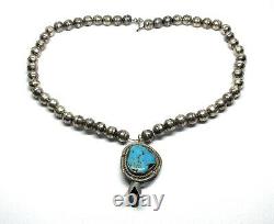 Old Pawn Navajo Sterling Silver Turquoise Squash Blossom 17 Bench Bead Necklace